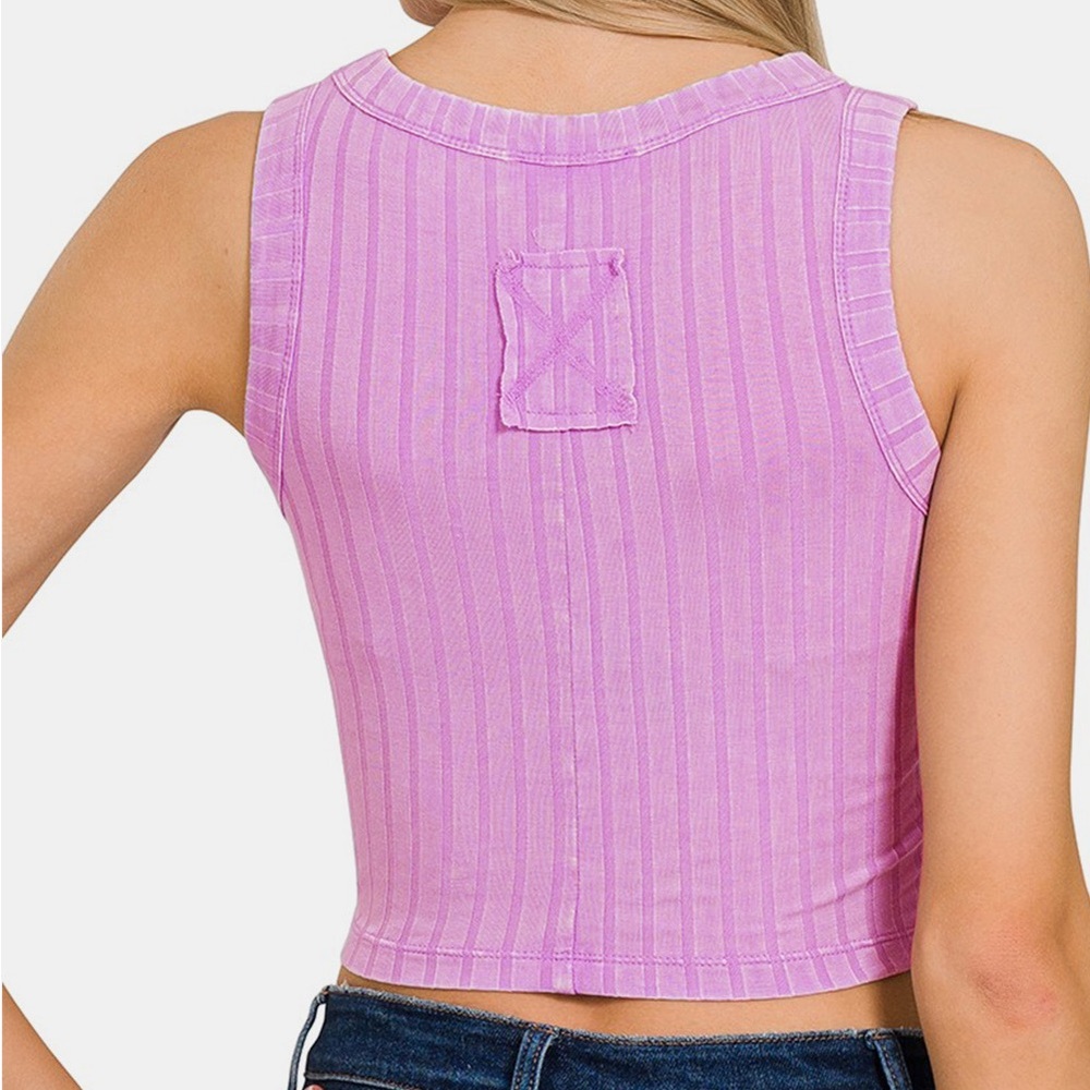 NEW Zenana Emma Hot Pink Acid Wash Ribbed Crew Neck Cropped Tank Crop Top - Picture 3 of 3